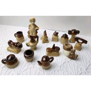 Vintage Stoneware Miniature Kitchen Cookware lot of 15 Pottery Brown Tan Glazed